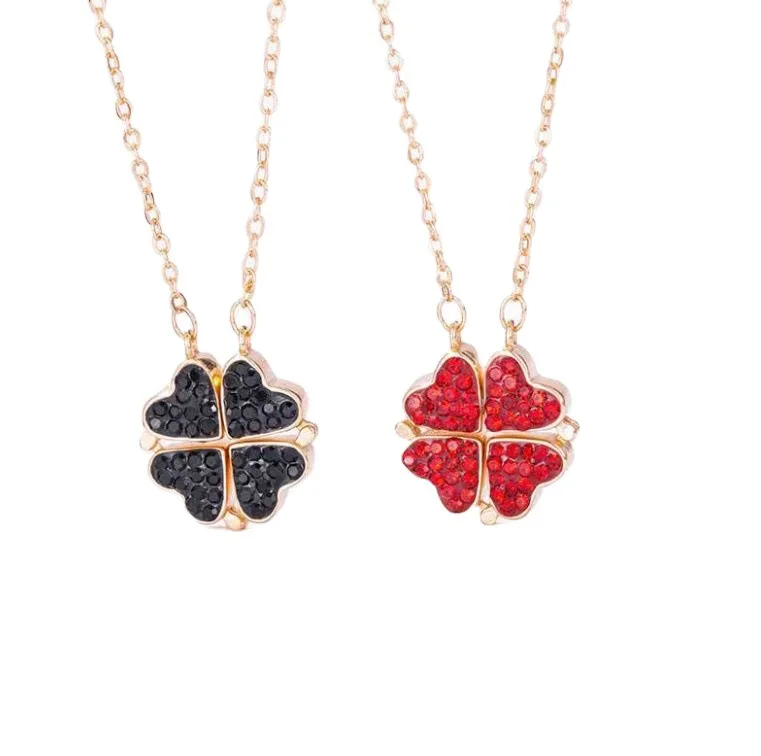 Eico Luxury Red and Black Love Heart Four-Leaf Clover Cubic Zirconia Charm Magnetic Pendant Necklace 18k Gold for Girl