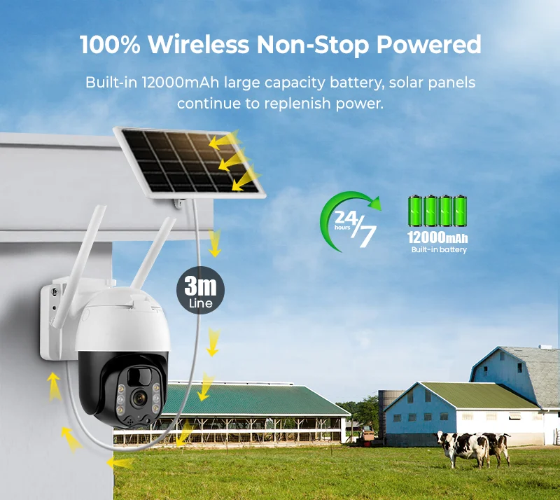 24/7 full-color night vision outdoor network solar panel camera 3MP 12000mAh rechargeable battery solar powered 4g ptz camera