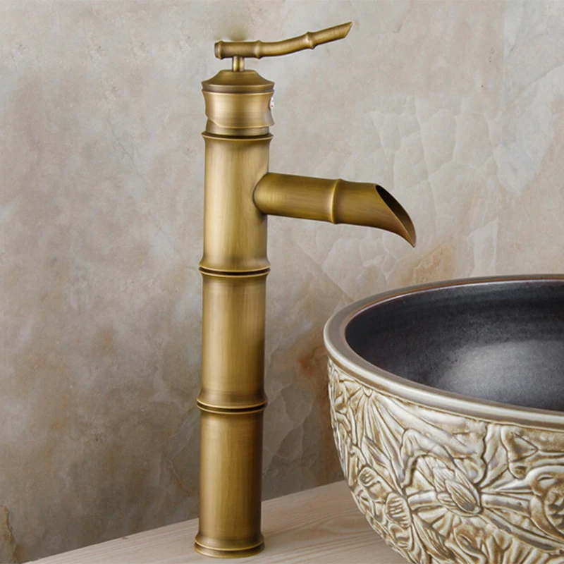 Classical Bamboo Shape Single Handle Basin Mixer Taps Bathroom Brass Antique Hot Cold Waterfall Wash Basin Tap