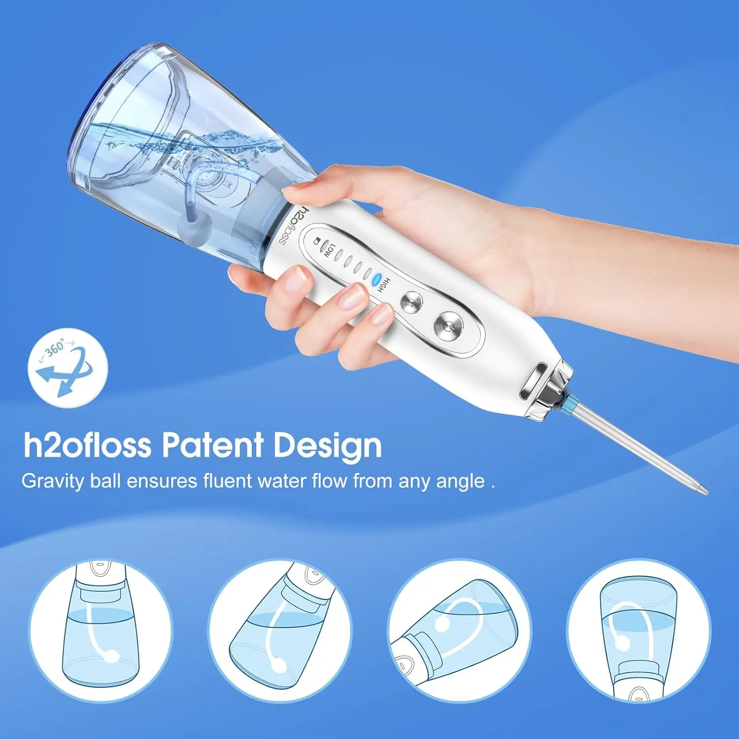 h2ofloss 2500mAh Pulse Electric Cordless Water Floss 300ML Type-C IPX7 Oral Irrigator Dental Water Pick Flosser