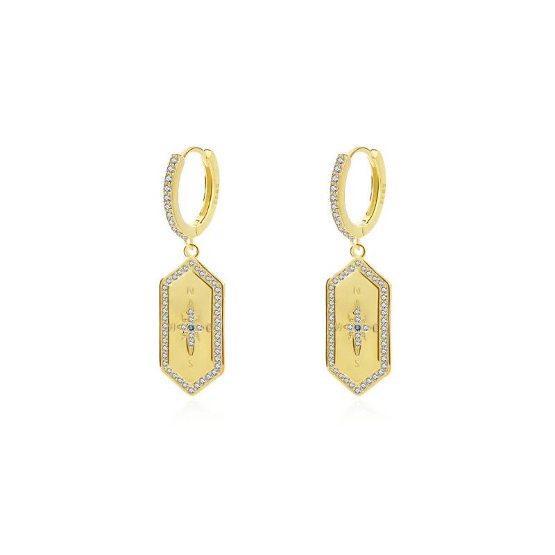 Laodun INS Fashion Popular S925 Huggie Earrings Creative Compass Personalized Dangle CZ Sterling Silver Earrings