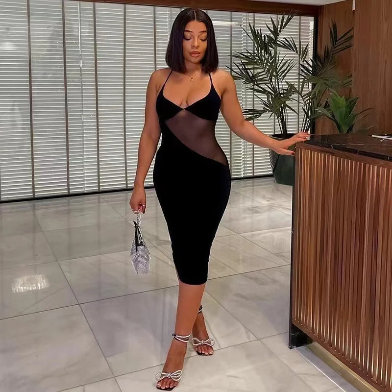 J&H 2022 new arrivals spaghetti strap mesh waist black bodycon dress ladies elegance summer sundresses