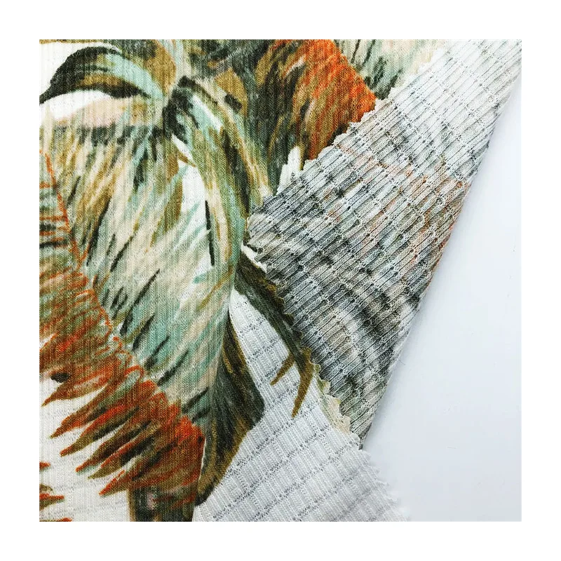 Hot sale Sublimation Palm leaf design knitted fabric 185gsm TR stretch printed baby rib fabric for garment