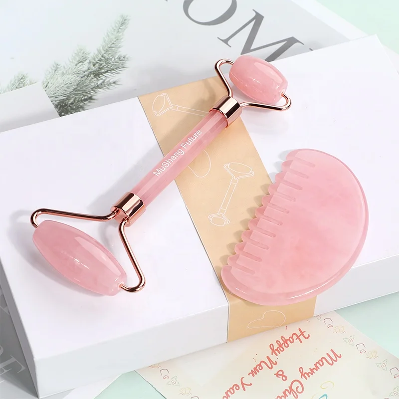 Mushang Wholesale Natural Stone Facial Massage Tools Set High Quality Rose Quartz Roller and Gua Sha Custom Logo
