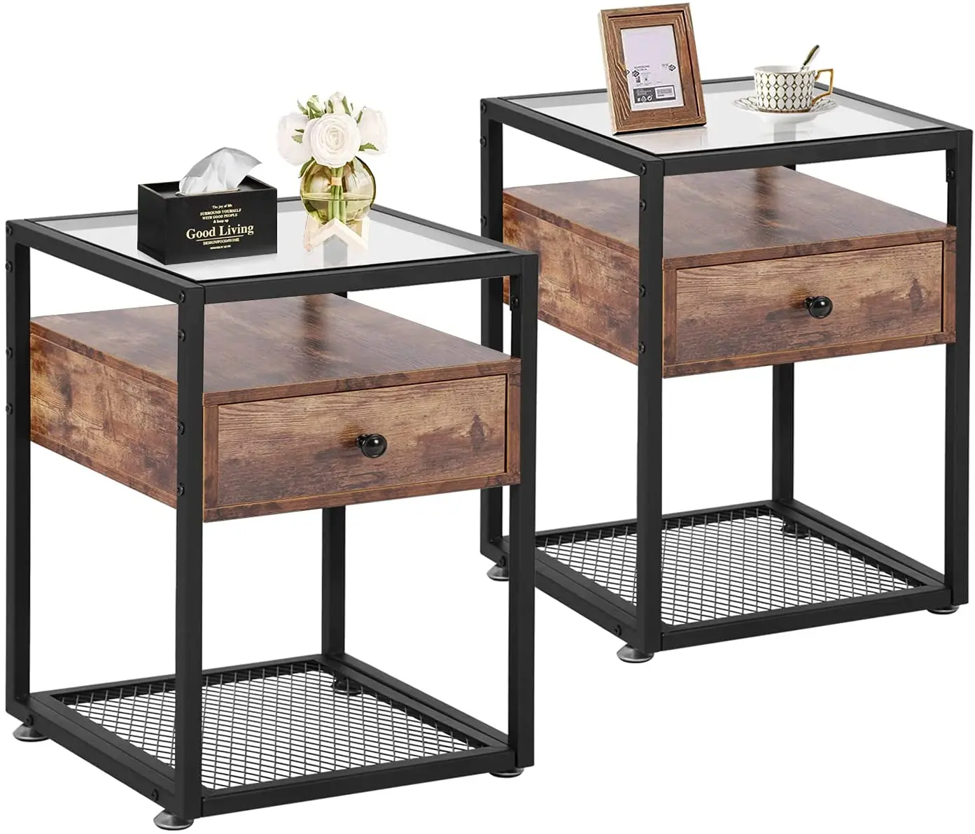 Modern bedside table in living room with drawers and antique glass frame in bedroom lounge decorative glass surface bedside tabl