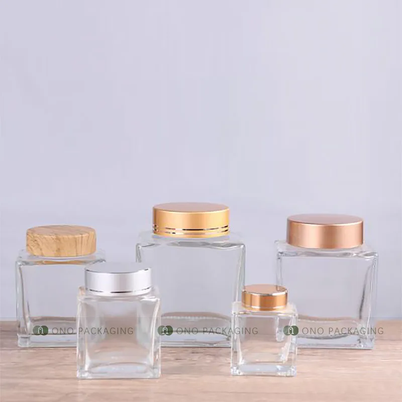New design custom service rectangle anti-skid bottom honey jar 360ml/50ml clear empty jam glass jars with wooden caps wholesale