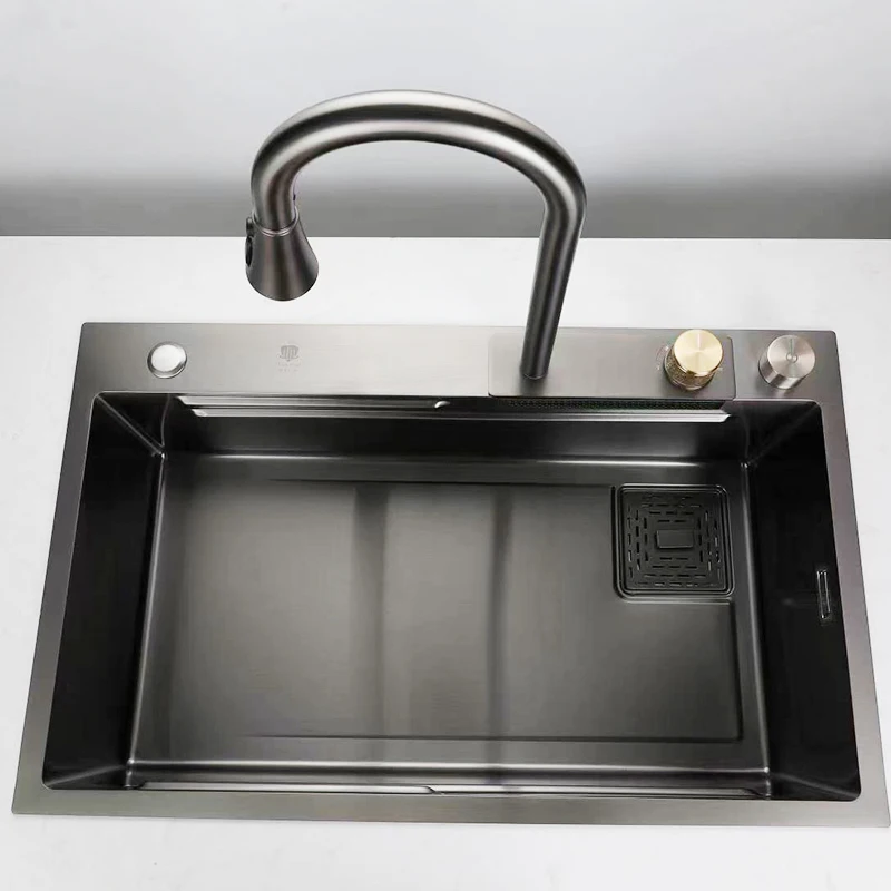 Stylish Multifunctional Nano Black Stainless Steel Kitchen Sink with Pull Out Faucet Head and Rainfall Sprayer