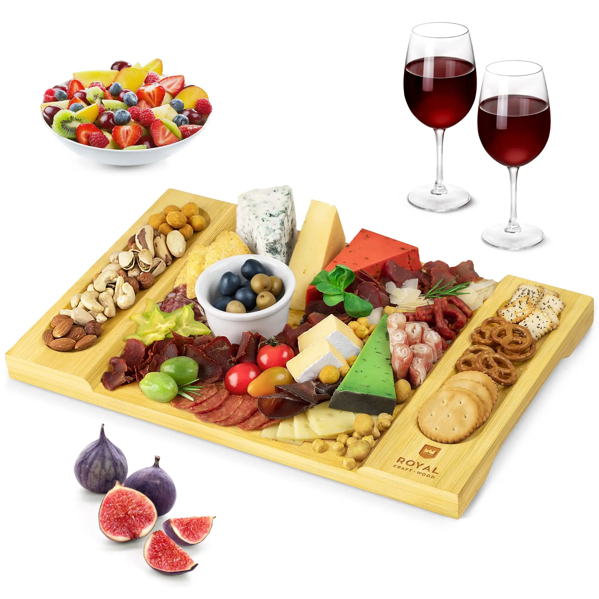 Unique Bamboo Cheese Board, Charcuterie Platter and Serving Tray for Wine, Crackers, Brie and Meat. Large and Thick Natural Wood