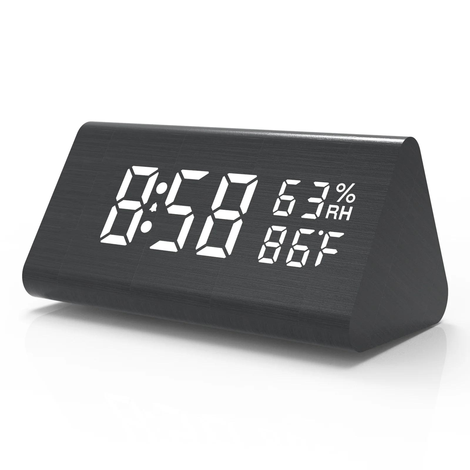 New Custom Logo Alarm Clock Home Decor Wood Digital Triangle Desk Clock With Humidity Temperature Display