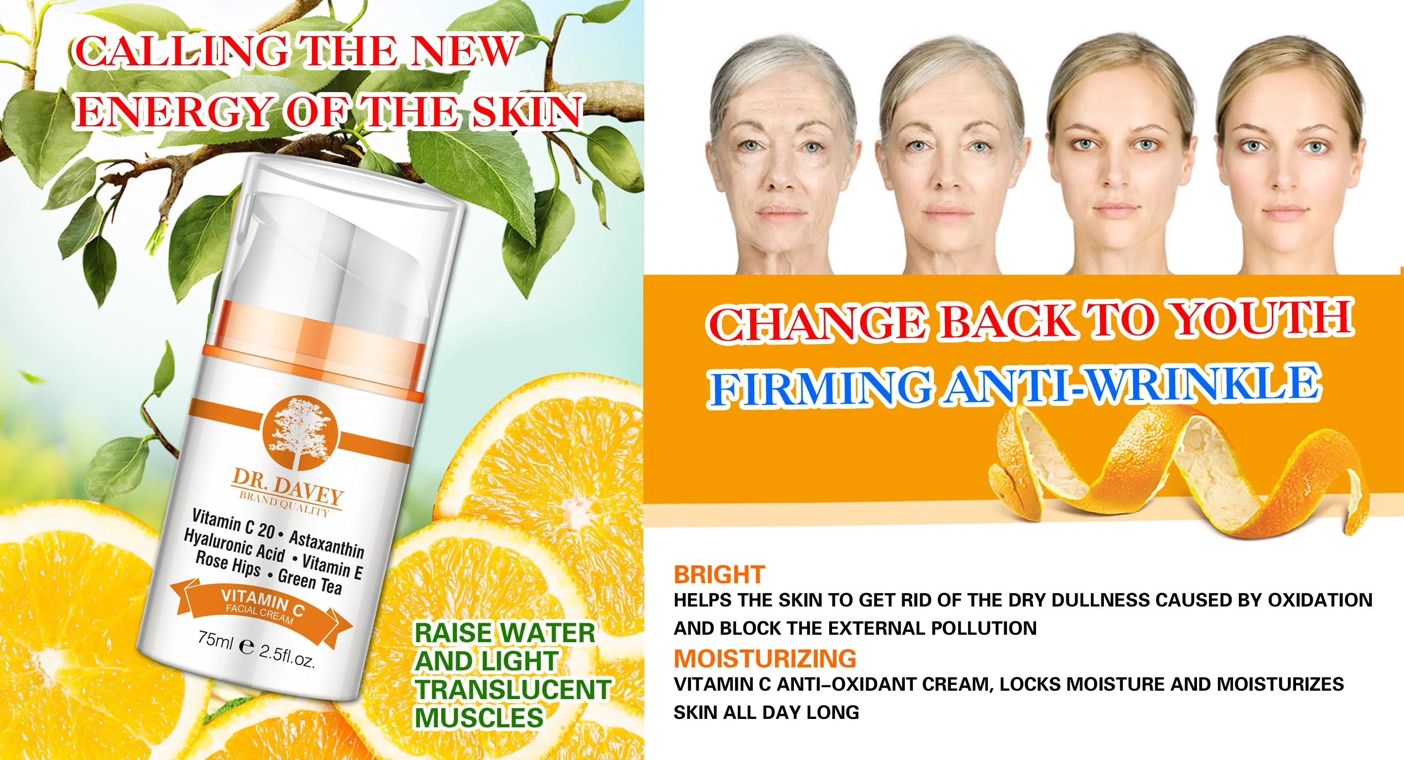 VITAMIN C FACIAL CREAM Vitamin C 20 Astaxanthin Hyaluronic Acid Vitamin E Rose Hips . Green Tea MOISTURIZER Cream