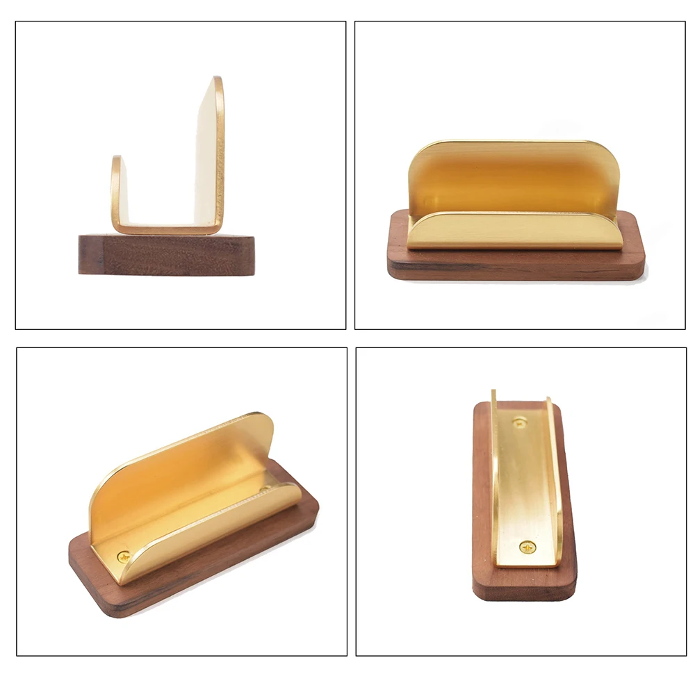 Wooden Business Card Holder Desktop Solid Brass Picture Stand Case with Wood Base Card Display Stand Business Card Display