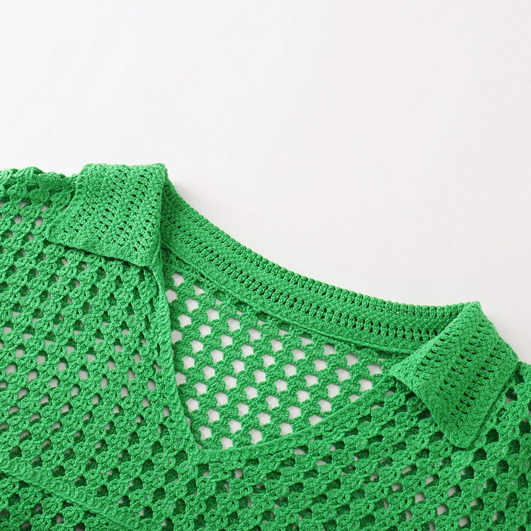 Knitwear manufacturers custom green polo collar long sleeves cutout women crochet sweater
