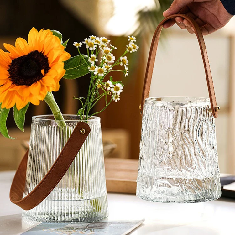 high appearance accept customize leather Handle textured vase home dining table craft vase