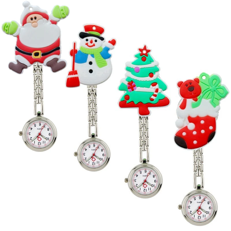 Christmas Santa Claus Alloy Chain Clip Hang Nurse Doctor Pocket Watches Hospital Snowman Reindeer Trees Socks Gift Watch Clock