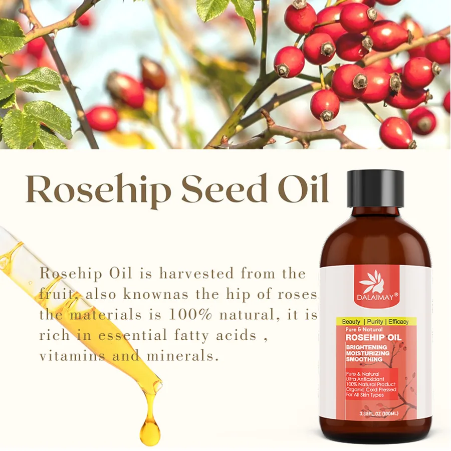 Wholesales Firming Brightening Moisturizing Smoothing Face Skin Hair Organic Cold Pressed Pure and Natural Rosehip Oil