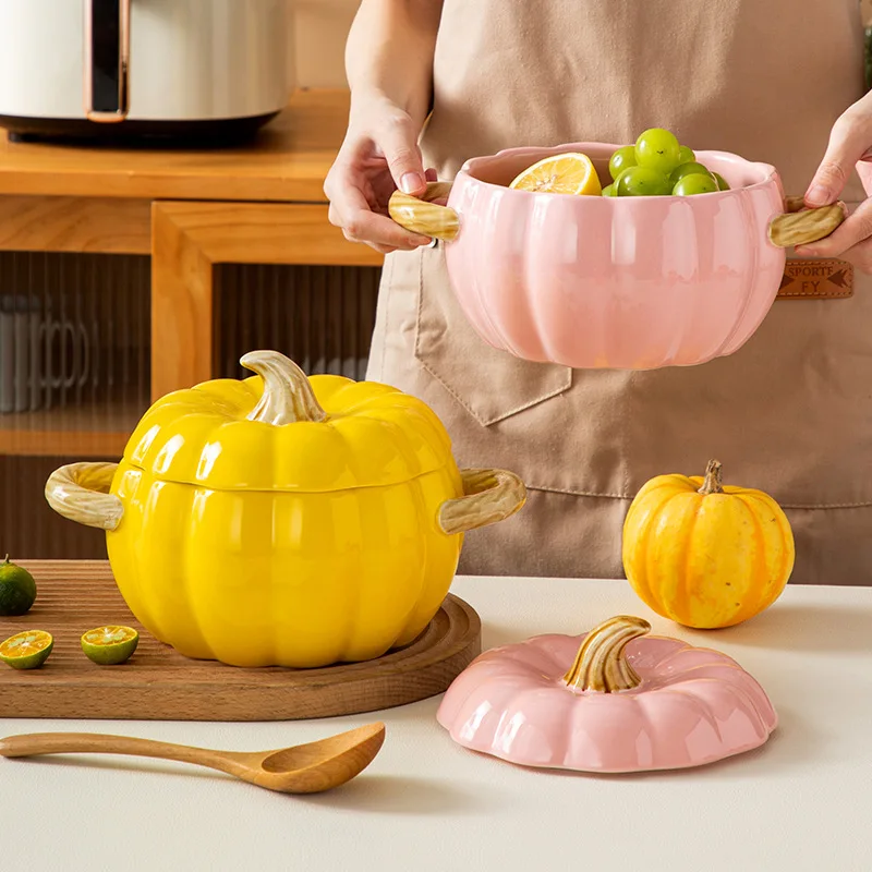 New Creative Pumpkin Shape Ceramic Soup Pot Household Large Capacity Double Ear Soup Bowl with Lid