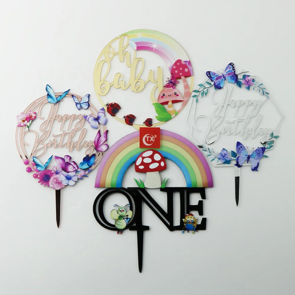 Woodland Fairy Acrylic Cake Topper Party Decoration Supplier Kids Magical Rainbow Mushroom Cake Topper Baby Shower Cake Supplies