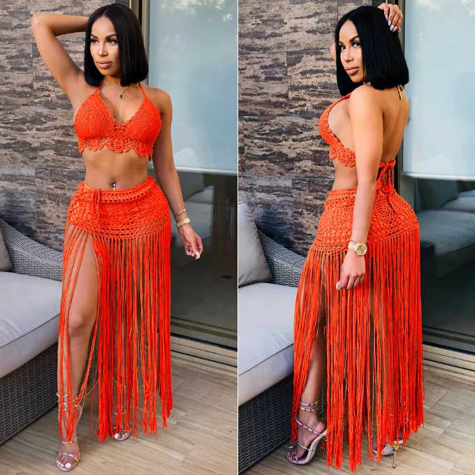 High Quality Wholesale Summer Woman Beach Cover Up Swimsuit With Long Fringe Skirt Crochet Beach Wear For Swimwear Women