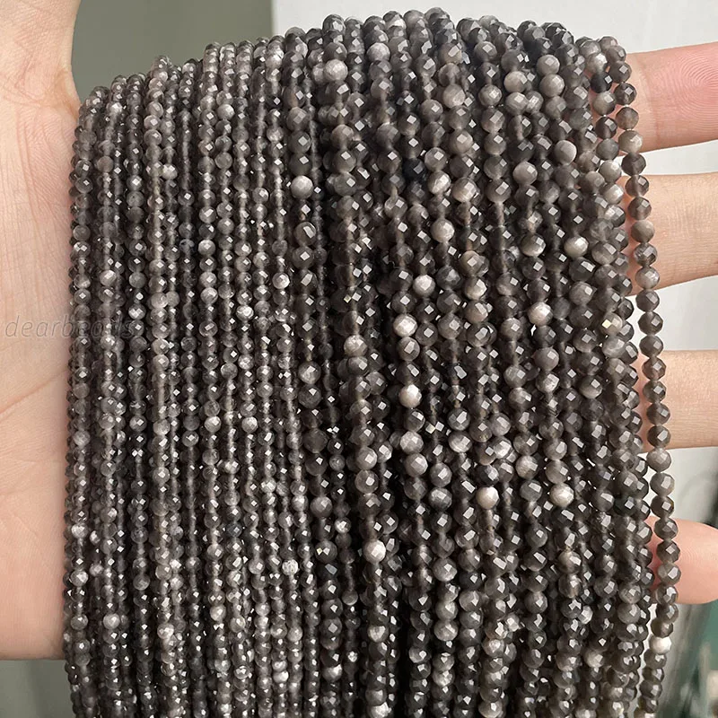 2mm 3mm 4mm Wholesale Natural Faceted Black Gold Silver Obsidian Beads Strands, Faceted Stone Bead for Jewelry Making