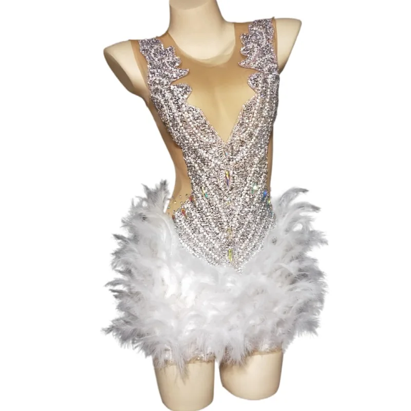 Sexy See Through Mesh Sequins Rhinestones Feathers Club Mini Dress Women Show Stage Dance Costume Performance Outfit Party Dress