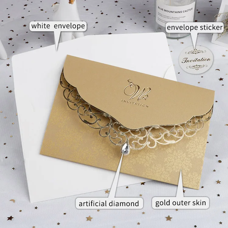
Elegant classic style ribbon invitation card and diamond embellishment in gold 