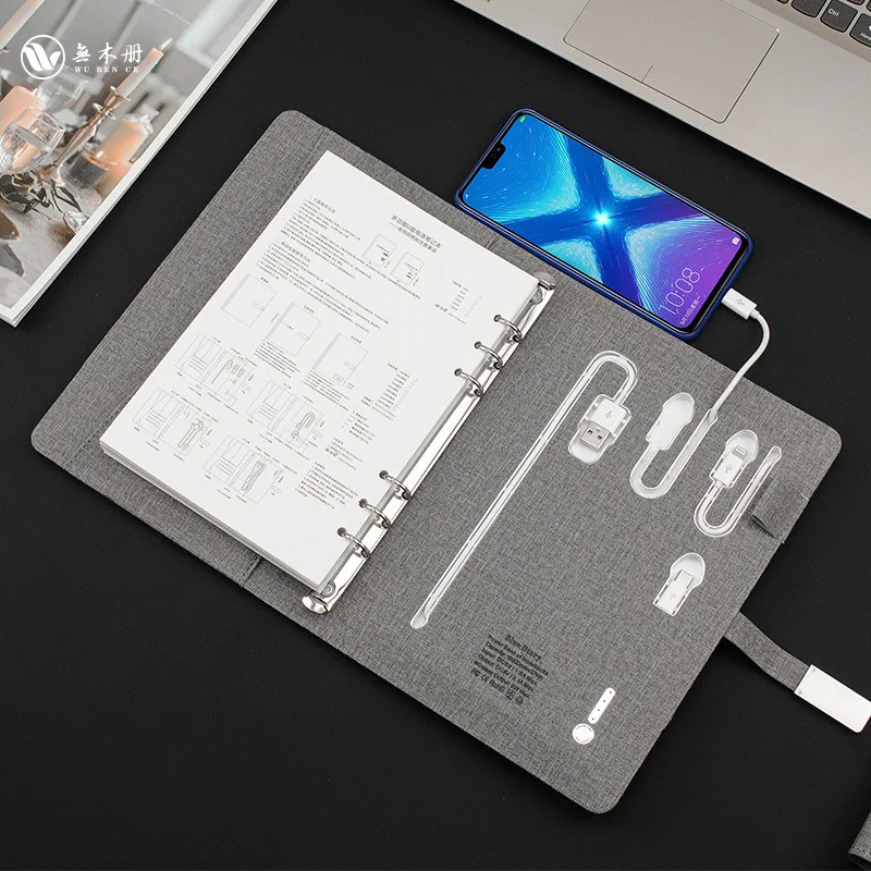 Multi Functional Wireless Charging Note Book 8000mAh Power Bank Binder Spiral Diary Book+USB Flash power connect