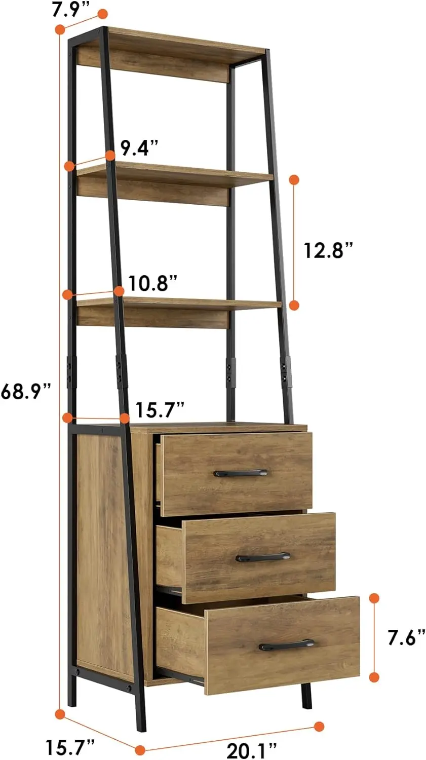 4 Tier Bookcase High Bookcase with 3 Wooden Drawers Modern Bookcase Storage Box for Living Room Hallway Office Rustic Brown