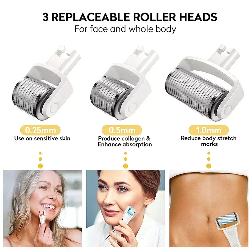 Portable 3 in 1 led microneedle derma roller for hair loss treatment, skin care, reduce body stretch marks