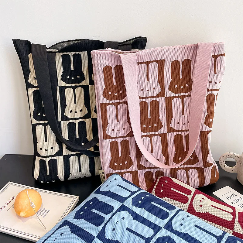 Wholesale Custom Design Rabbit Thickened Shoulder Bag Vintage Large Capacity Handbags Unique Knitted Cotton Tote Bag for Women