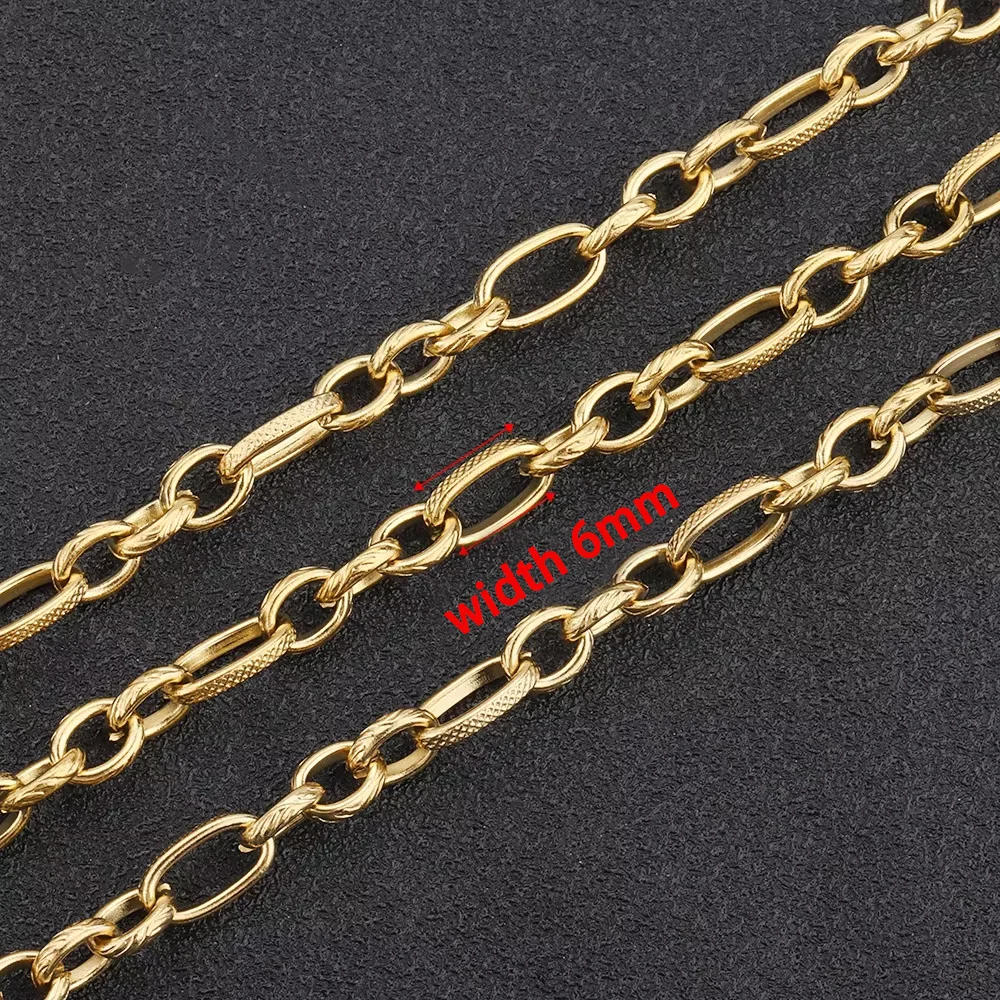 18k Gold Plated Stainless Steel 6mm Width 3:1 Patterned Fancy Chain Embossed Oval Link Chain DIY Bracelet Necklace Jewelry Chain