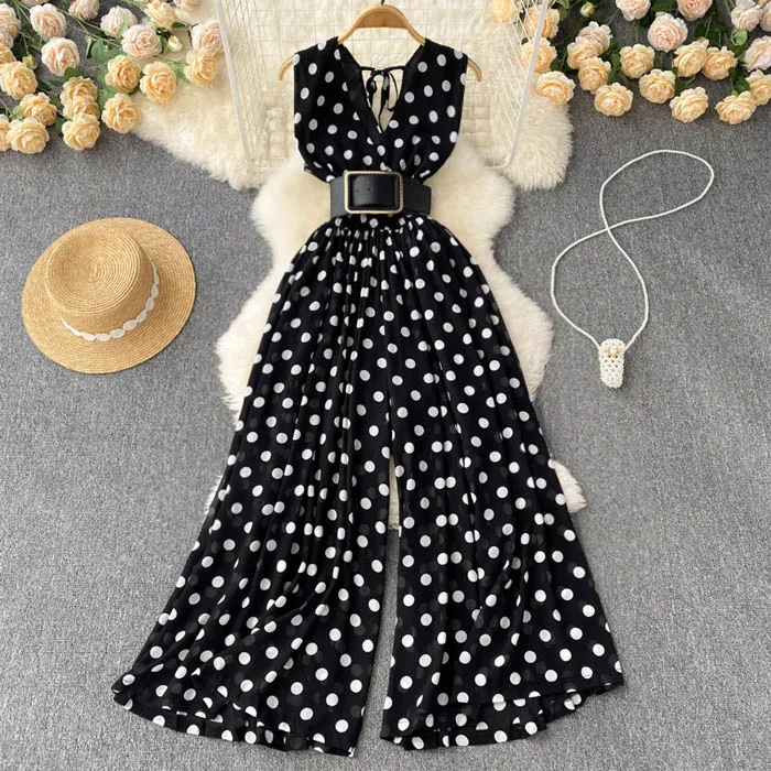 LY703  New 2022 Korean Fashion Elegant V Neck Print Chiffon High Waist Jumpsuit Women Chiffon Playsuit Clothing  7