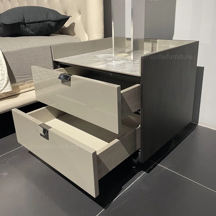Luxury Designs Shiny  Shiny Lacquer Veneer Cover Marble Nightstand