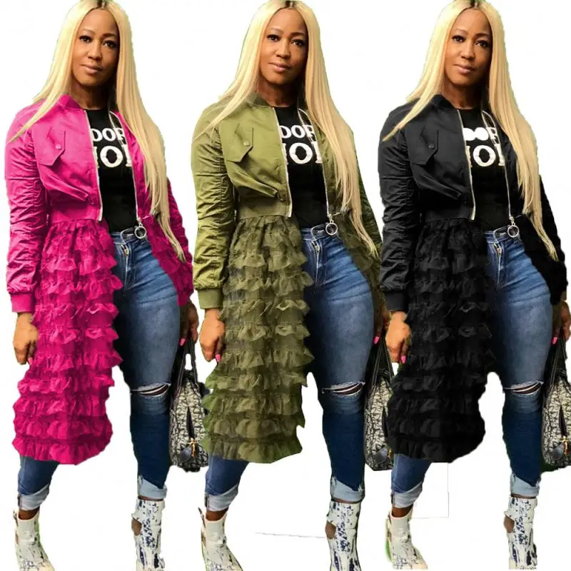 
Женский укороченный жакет с кружевом, повседневное однотонное платье с длинным рукавом и оборками из сетчатой пряжи, длинное пальто в стиле пэчворк 