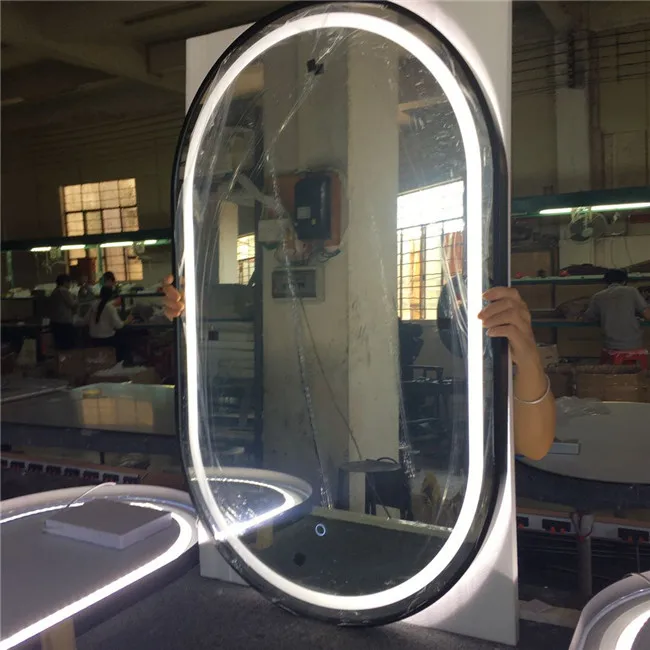 latest wall mirrors framed makeup LED lighted with touch switch long oval mirror in black framed led bath mirror