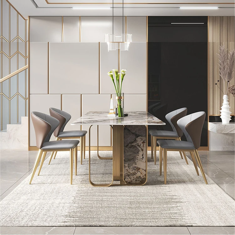 Italy design stone and stainless steel metal modern dining room furniture CC marble dining table set