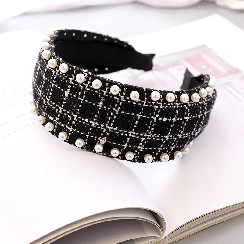 
European And American Nail Pearl New Hairband Classic National Plaid Fabric Headdress Hairpin Korean Female Headband 