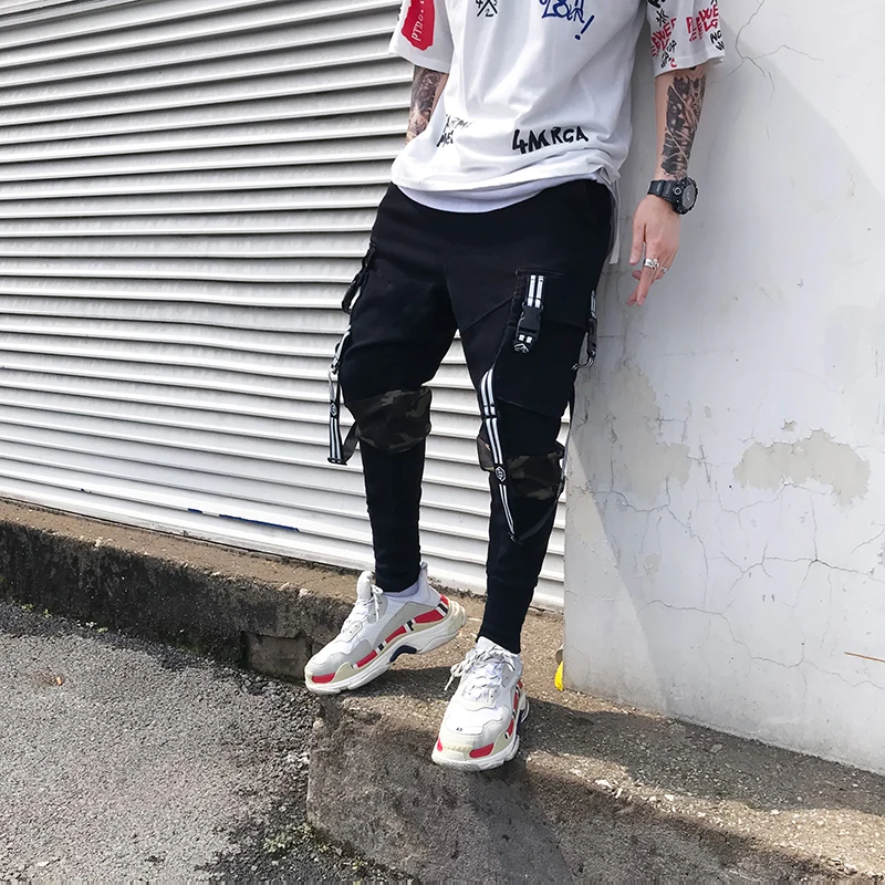 Mens custom military cargo pants printed camouflage patchwork with straps casual streetwear tapered cargo army black sweat pants