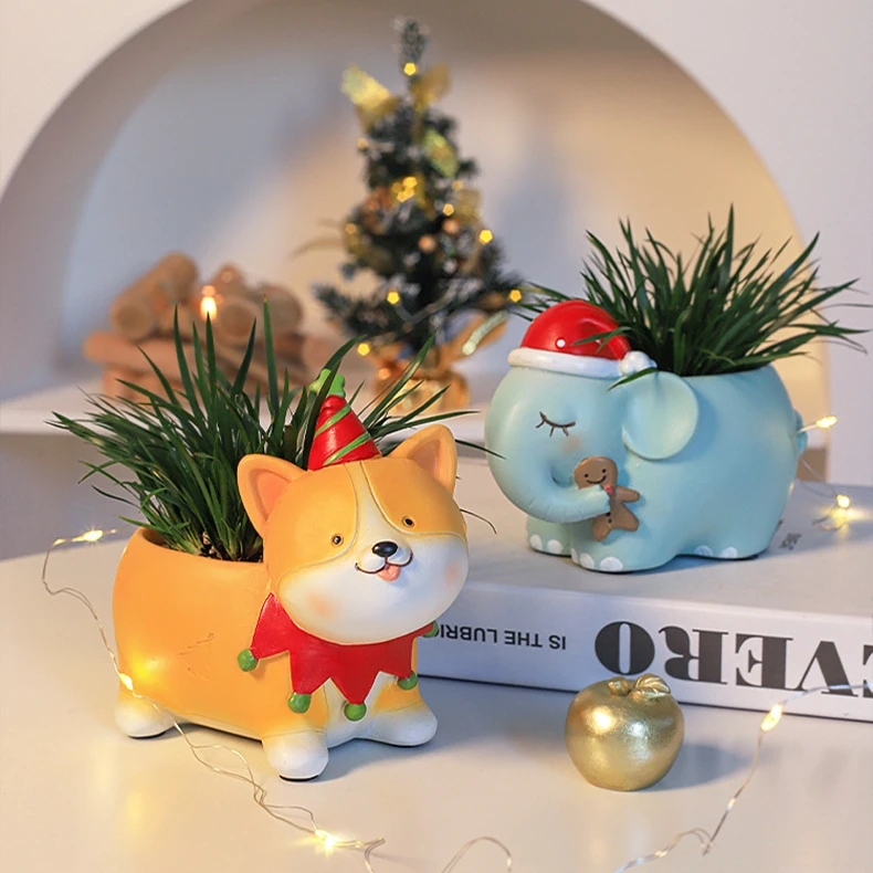 Colorful Creative Cute Cartoon Xmas Animal Ornament Christmas Gardening Succulent Decorations Flower Pot for Desktop Decor