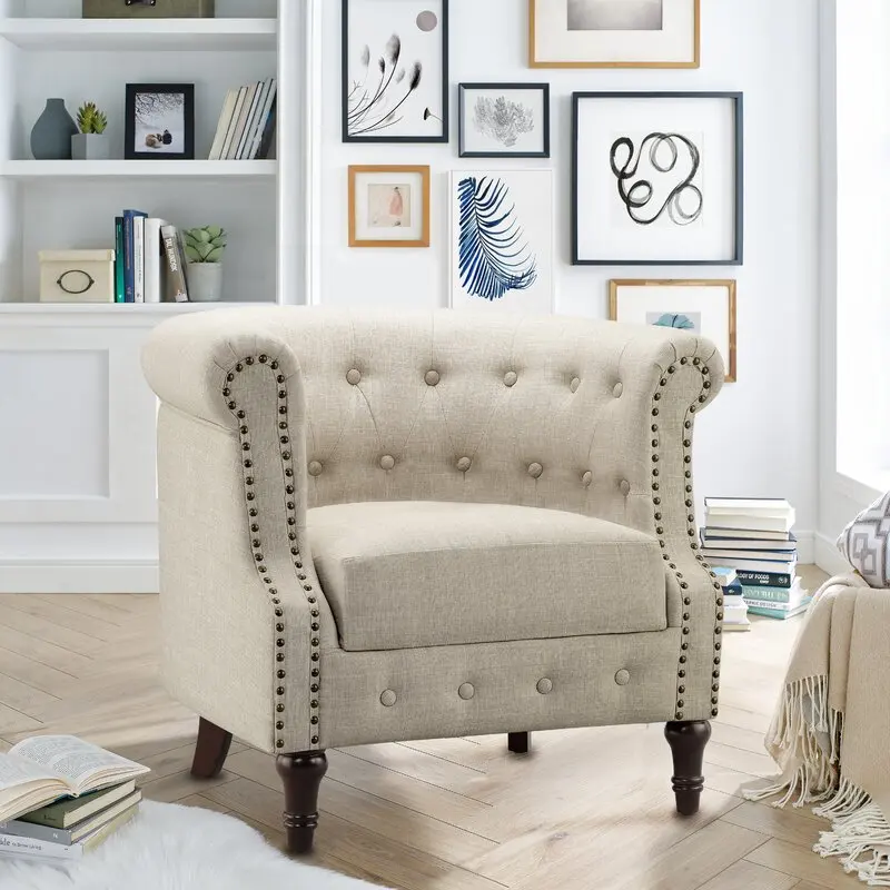 Современная винтажная мебель chesterfield, стеганое льняное кресло большого размера с твердой деревянной рамой