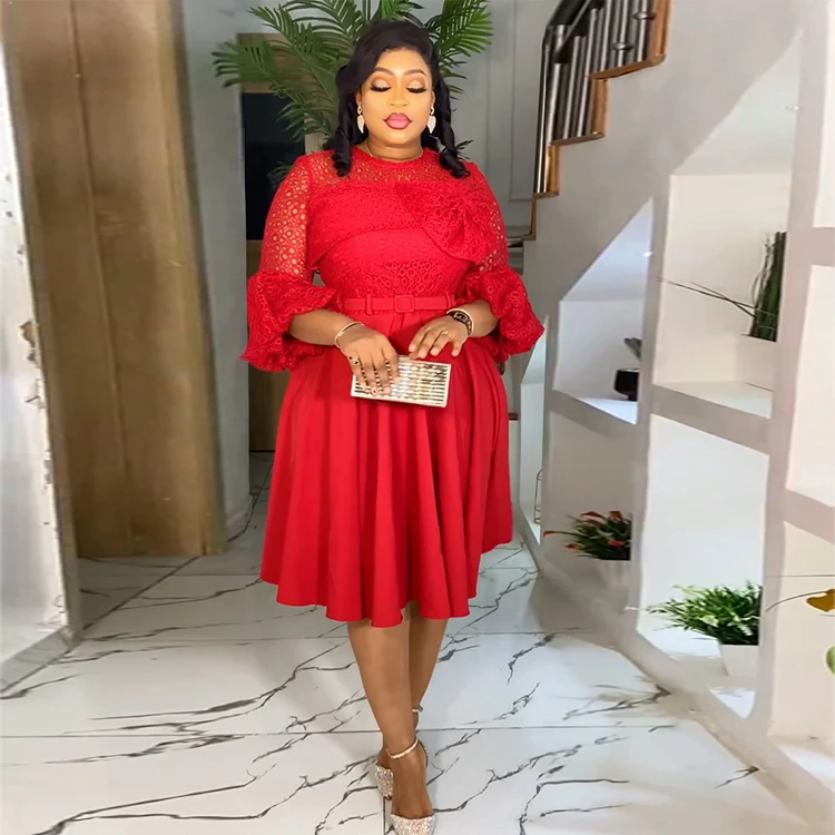 Plus Size Summer XXXL New Printed Puff Sleeves High Waist Temperament Red Long Crepe Pleated Maxi Dress With Belt