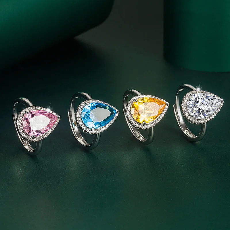 
Wholesale Silver Plated Pink Blue Crystal Open Rings Bling Zircon Water Drop Finger Rings For Women 