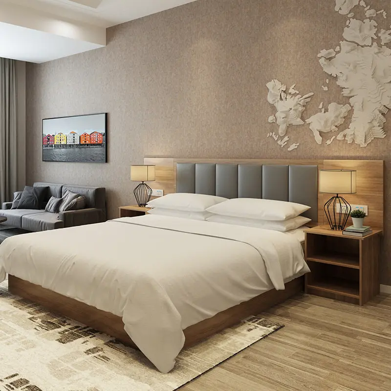 Modern Hotel Room Furniture Wooden Bed Hotel Guest Room Headboard With Side Table Storage  modern bedroom sets