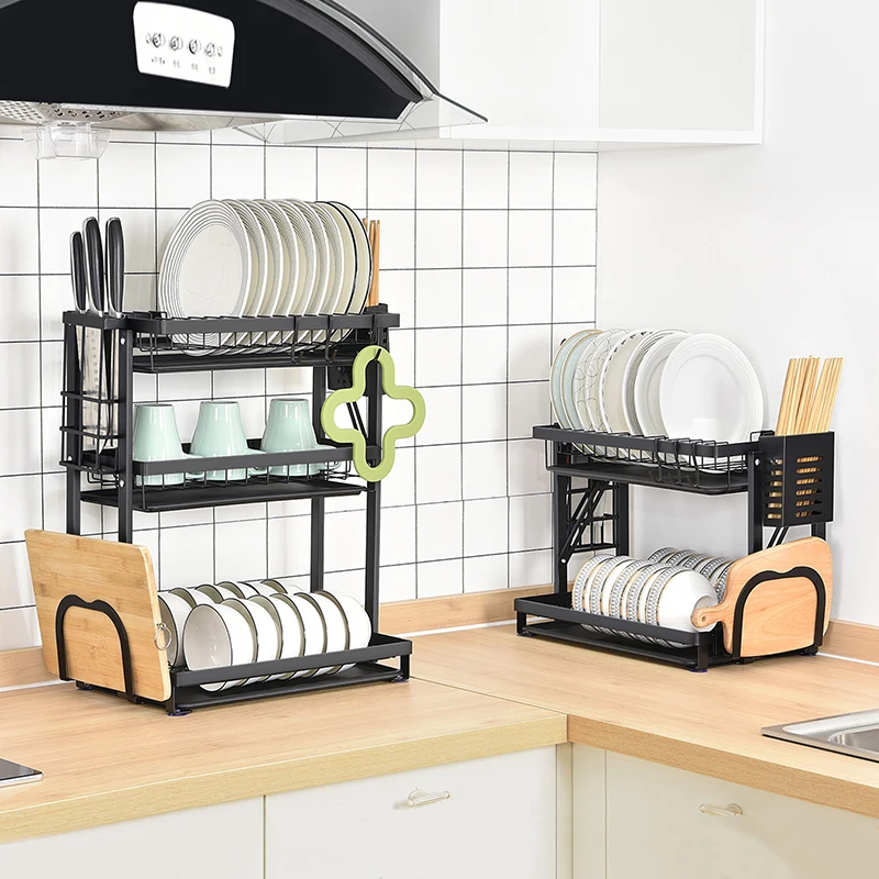 WIREKING Kitchen 2 Tier Dish Rack Easy Assembly Folding Design Plastic Knife Fork Spoon Storage Holder