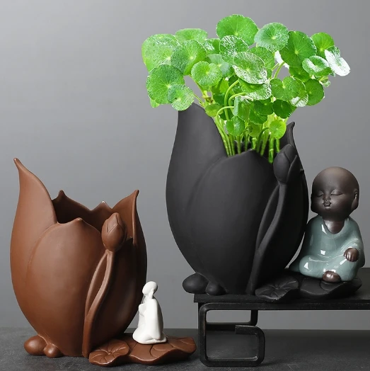 Pothos and Pilea Peperomioides Hydroponic Purple Clay Flower Vase Desktop Succulent Lucky Bamboo Zen Style Ceramic Potted Plant