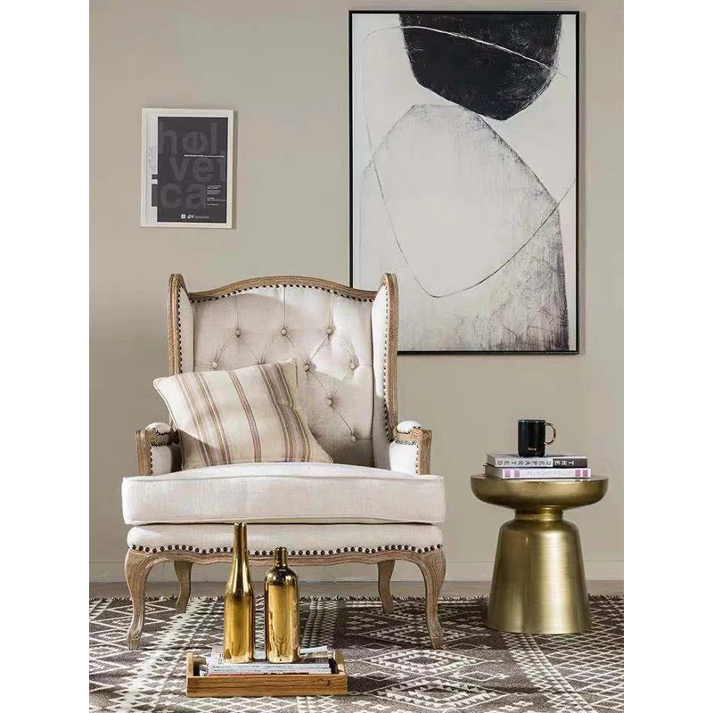 Antique Single Sofa Wooden Frame Linen Fabric Aerican Style Accent Leisure Chair
