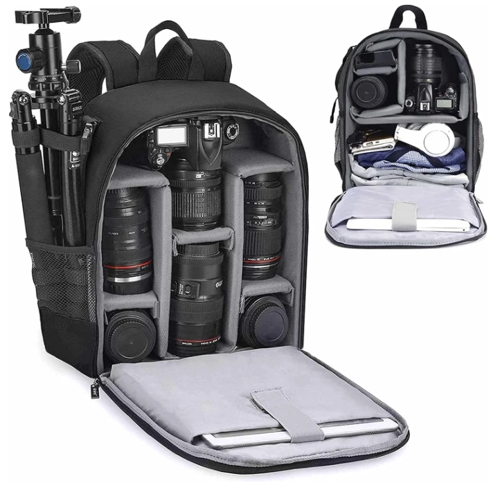 2024 New Design Factory Black Waterproof Hidden Camera Compartment Backpack