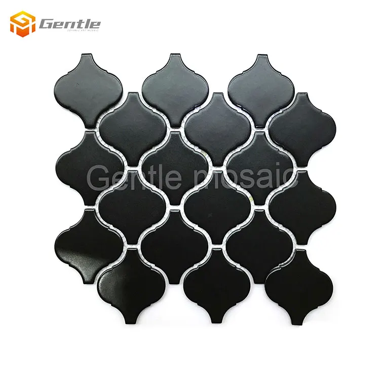 Interior Wall Decoration  Kitchen Backsplash Tile  Arabesque Lantern Shape 6mm Black Matt Ceramic Mosaic Tile