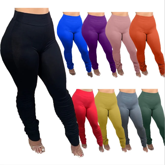 
2020 Fashion Stylish Female Clothes Ladies Winter Clothing Trousers Plain Casual Fall Autumn Ruched Stacked long Pants 
