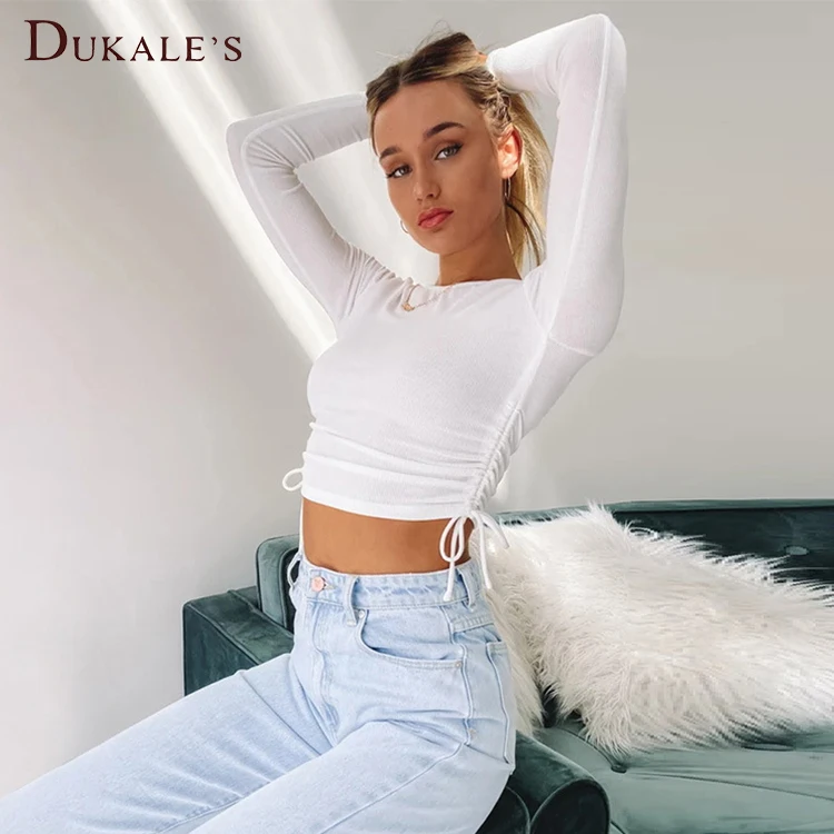 Ribbed Ruched Drawstring Side Tee Polyester Long Sleeve Slim Fit Crop Top t Shirt Women Tight Lady Long Sleeve t shirt for women