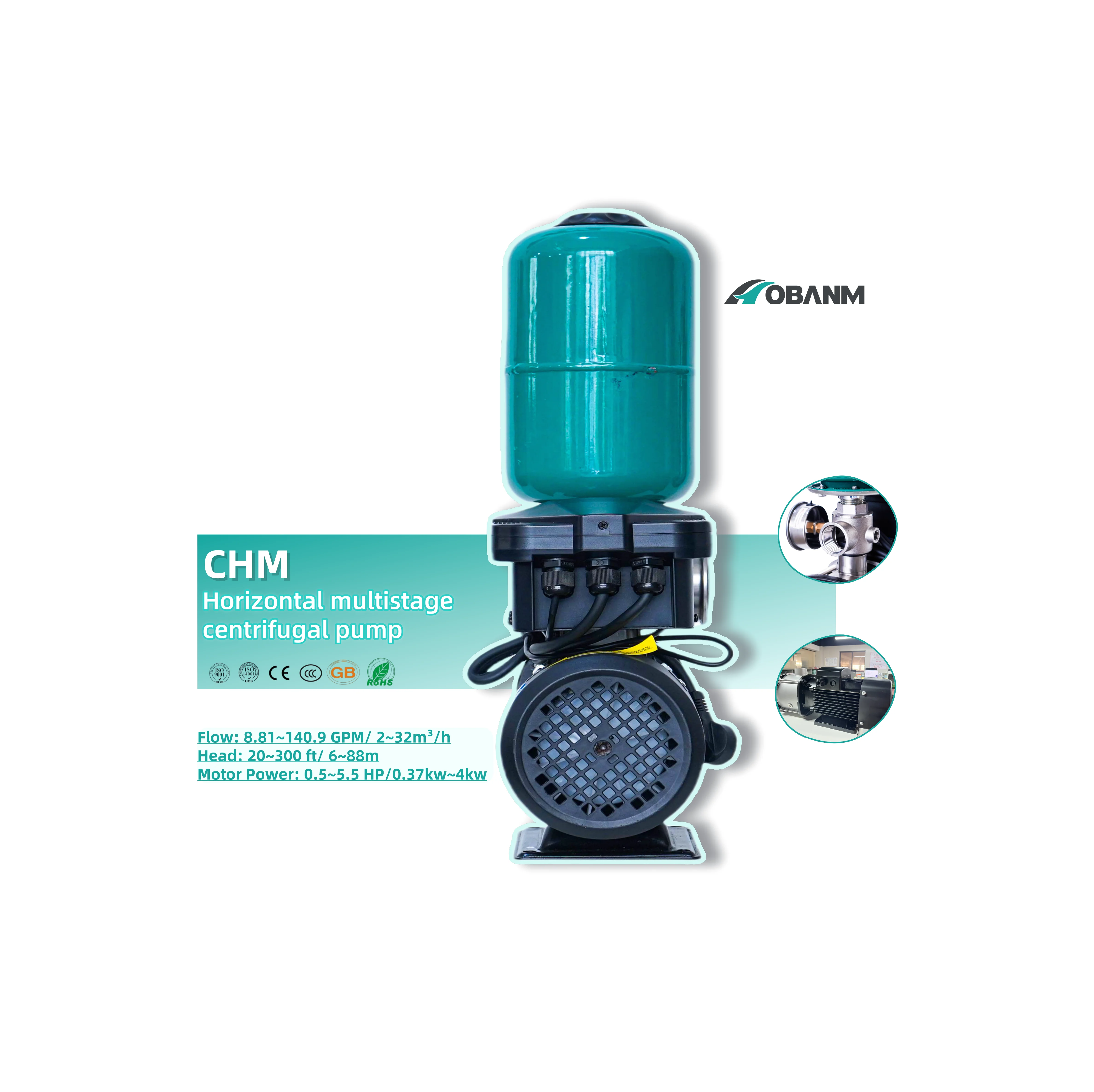CHM 15-20 Horizontal Multistage Centrifugal Pump 8.81~140.9 GPM Flow 20~300 ft 2hp Head Multipurpose Large Rate Water